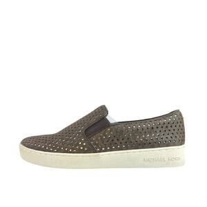 Michael Kors Keaton Women's Brown Laser Cut Leather Slip On Sneakers Shoes Sz 8